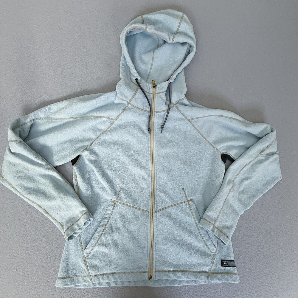 REI Full Zip Hooded Fleece Jacket Light Blue Contrast Stitch Outdoor